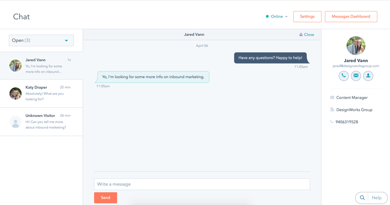 HubSpot Chat Box DesignWorks Screen Shot